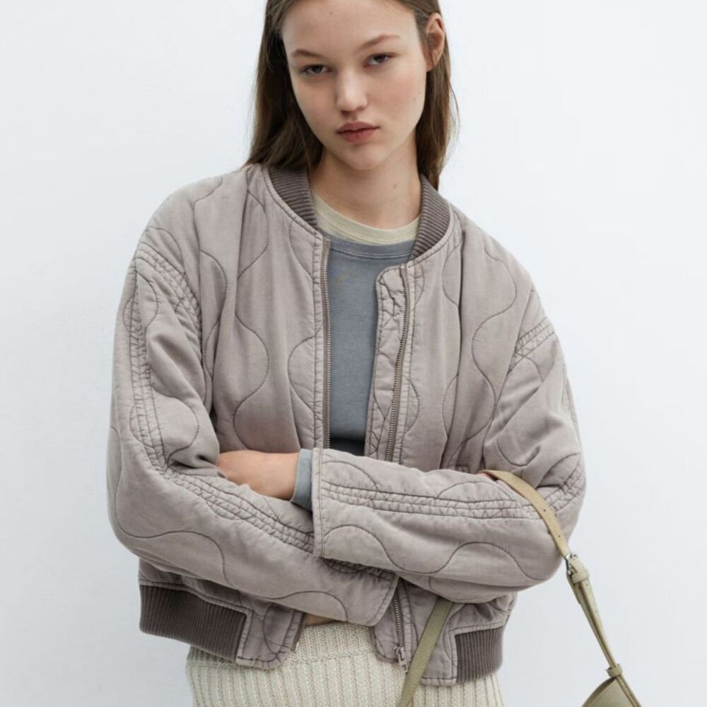Mango gray quilted bomber jacket, size M